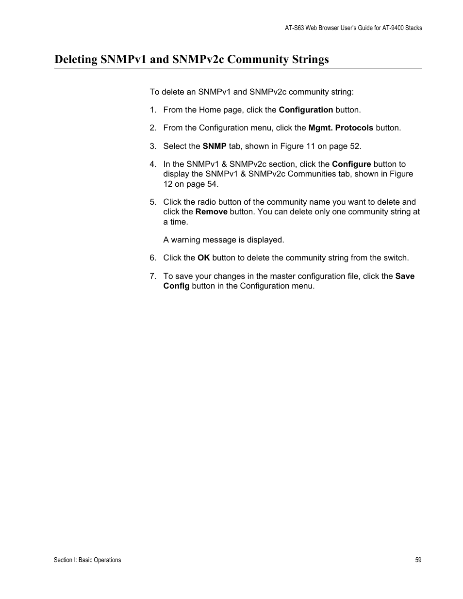 Deleting snmpv1 and snmpv2c community strings | Allied Telesis AT-S63 User Manual | Page 59 / 246
