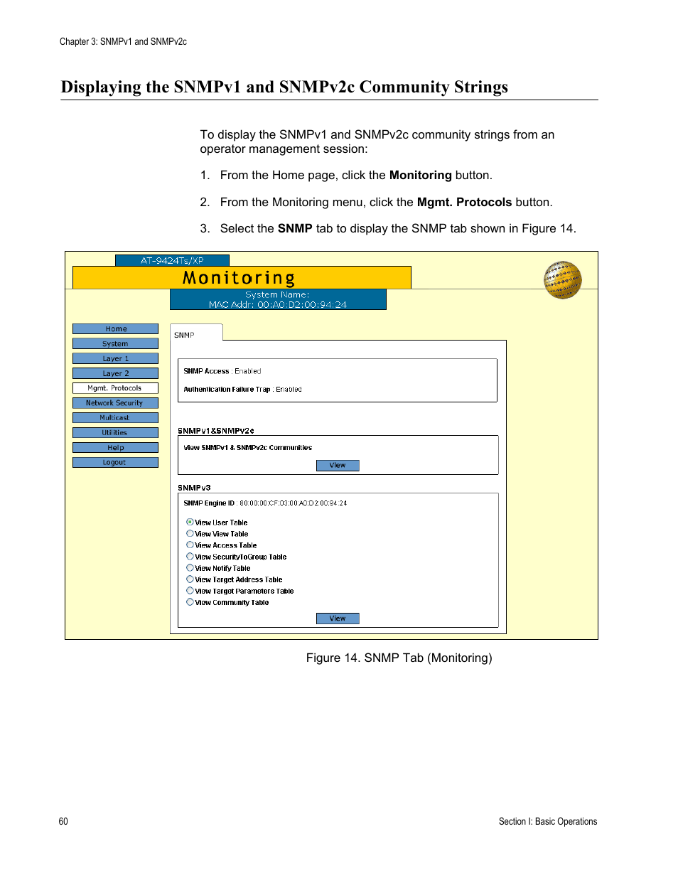 Figure 14: snmp tab (monitoring) | Allied Telesis AT-S63 User Manual | Page 60 / 246