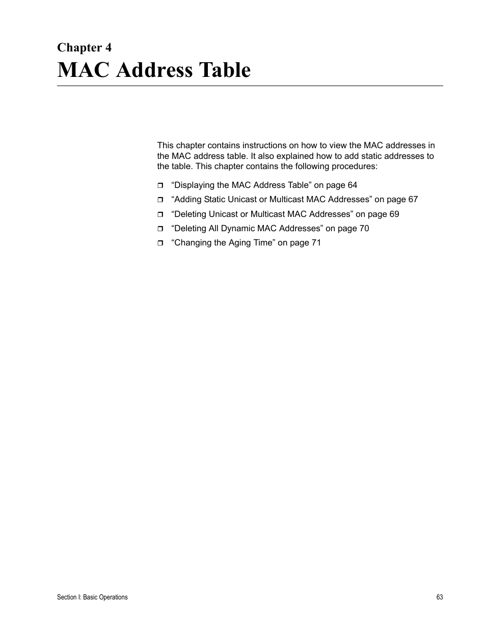 Chapter 4, Mac address table, R 4: mac address table | Allied Telesis AT-S63 User Manual | Page 63 / 246