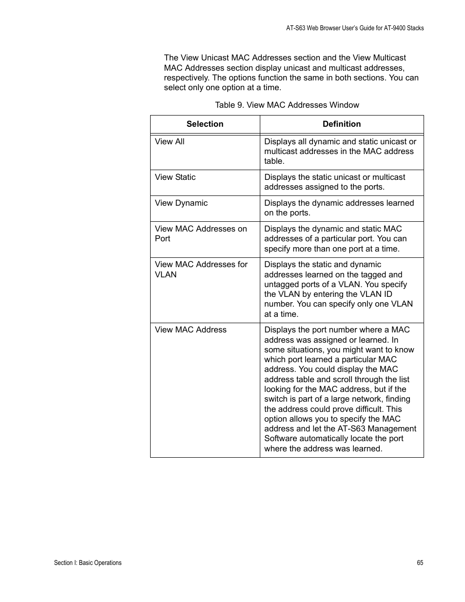 Table 9: view mac addresses window | Allied Telesis AT-S63 User Manual | Page 65 / 246