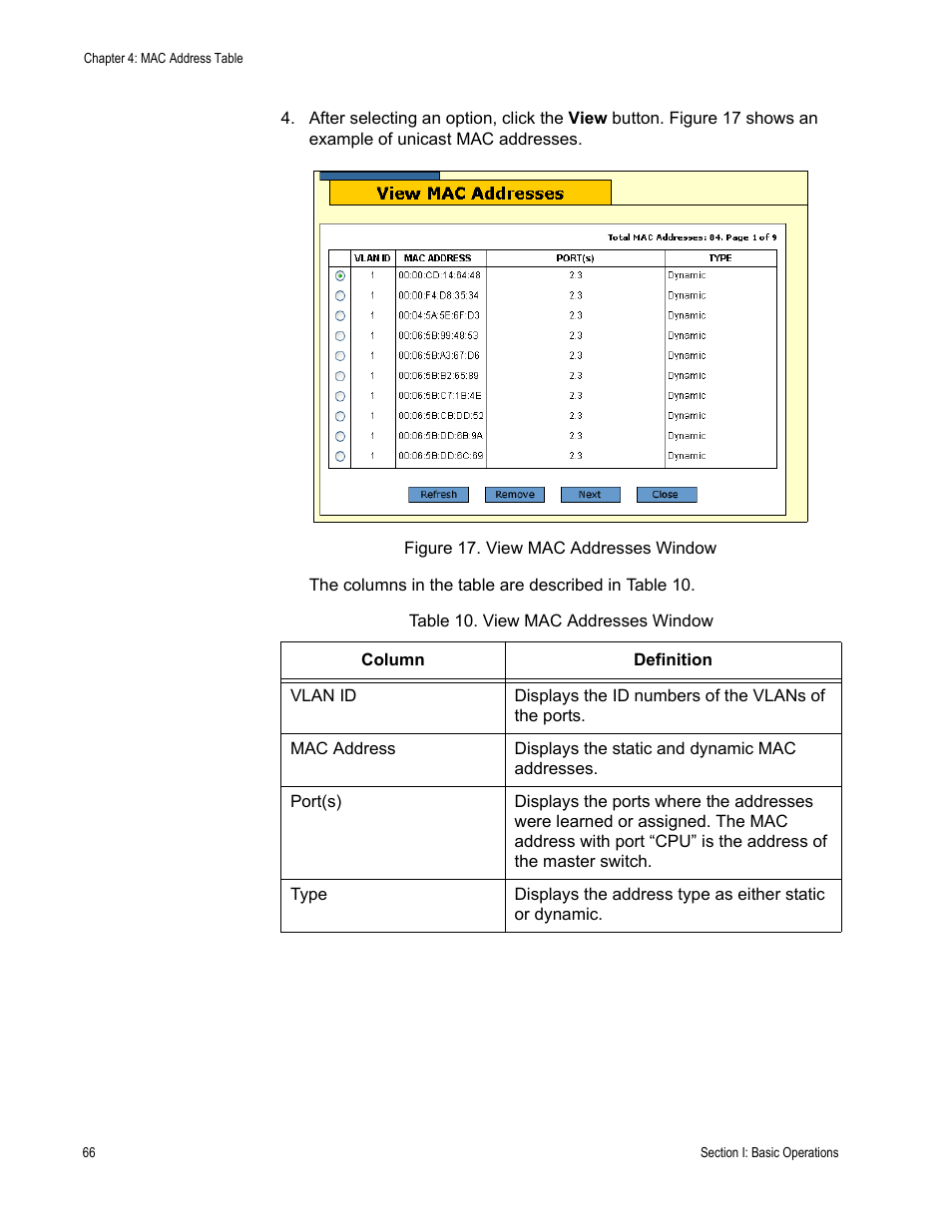 Figure 17: view mac addresses window, Table 10: view mac addresses window | Allied Telesis AT-S63 User Manual | Page 66 / 246