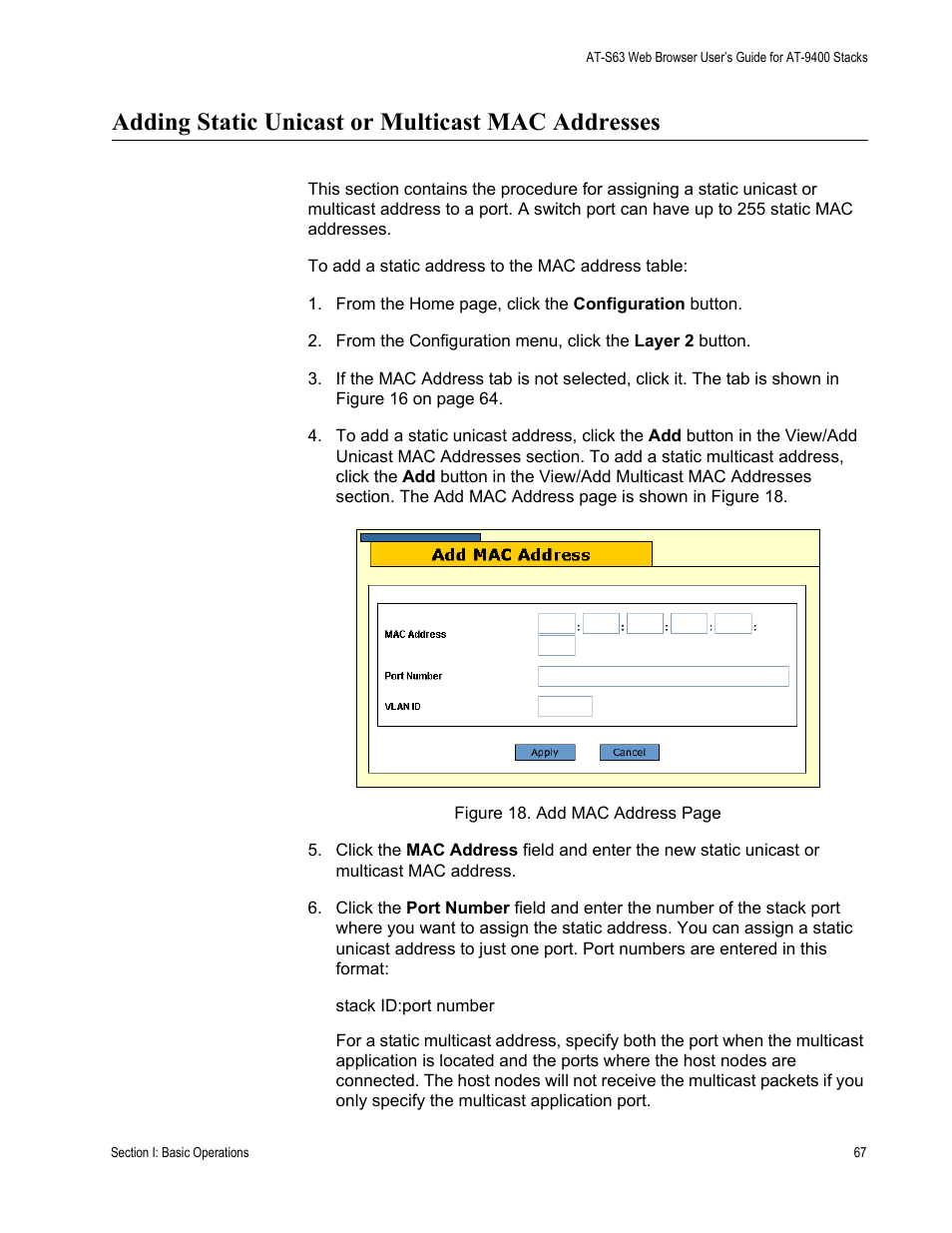 Adding static unicast or multicast mac addresses | Allied Telesis AT-S63 User Manual | Page 67 / 246
