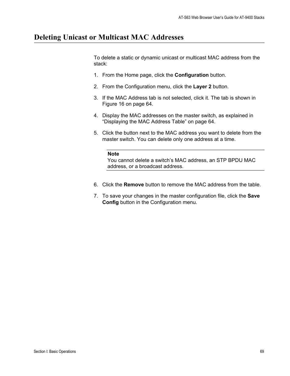Deleting unicast or multicast mac addresses | Allied Telesis AT-S63 User Manual | Page 69 / 246