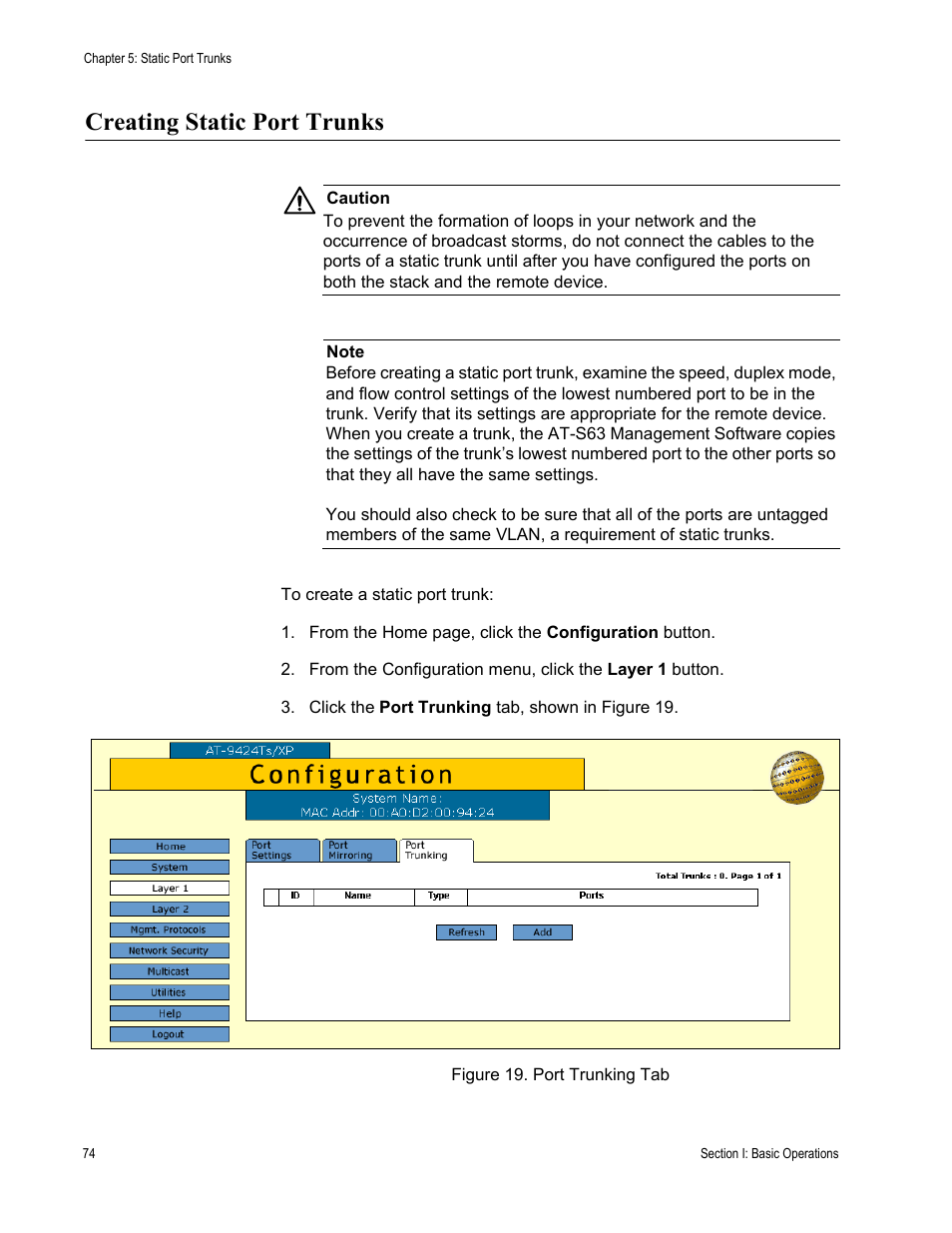 Creating static port trunks, Figure 19: port trunking tab | Allied Telesis AT-S63 User Manual | Page 74 / 246