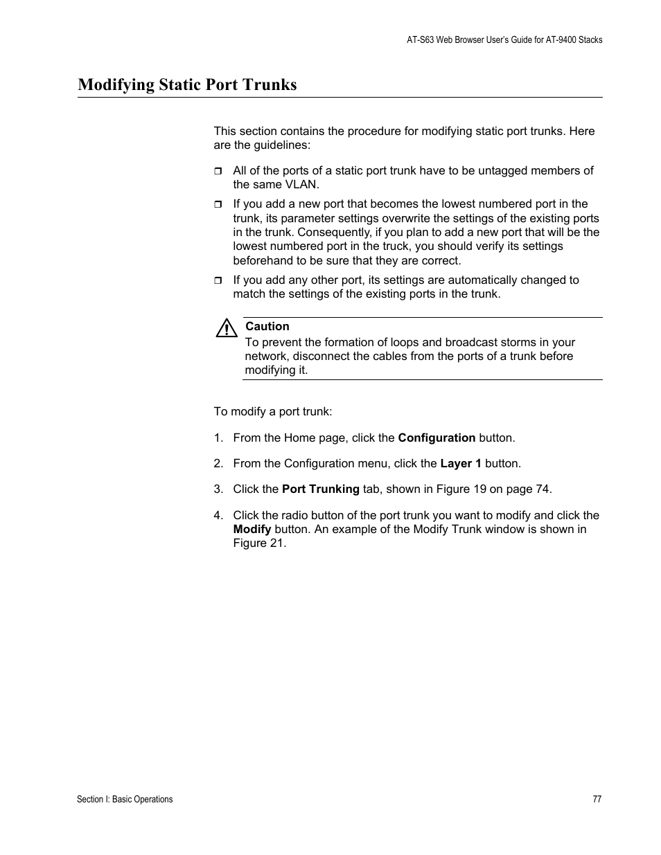 Modifying static port trunks | Allied Telesis AT-S63 User Manual | Page 77 / 246