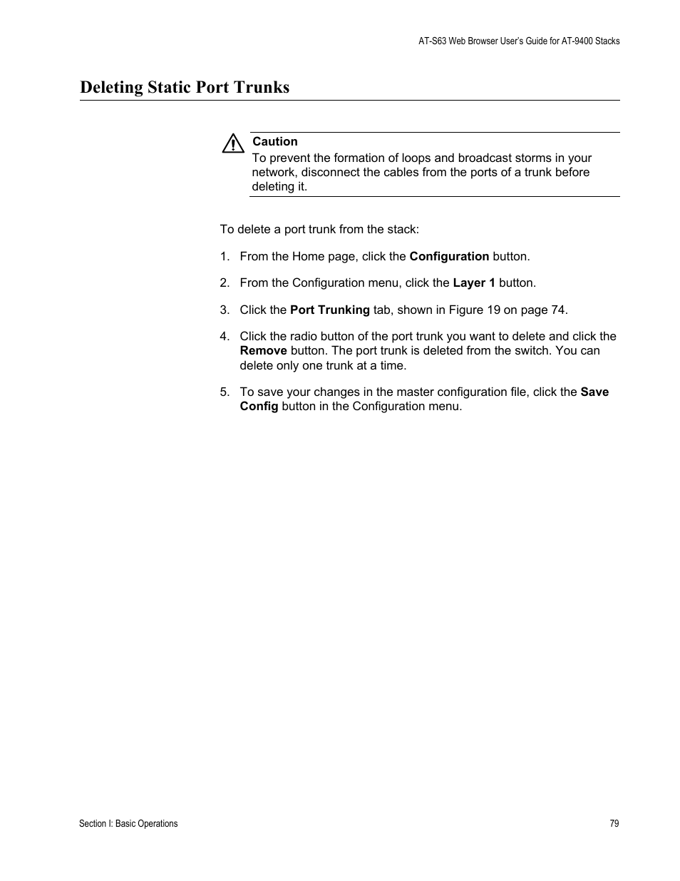 Deleting static port trunks | Allied Telesis AT-S63 User Manual | Page 79 / 246