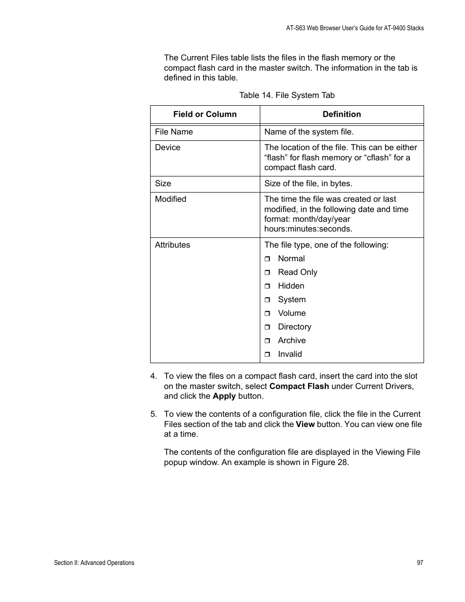 Table 14: file system tab | Allied Telesis AT-S63 User Manual | Page 97 / 246