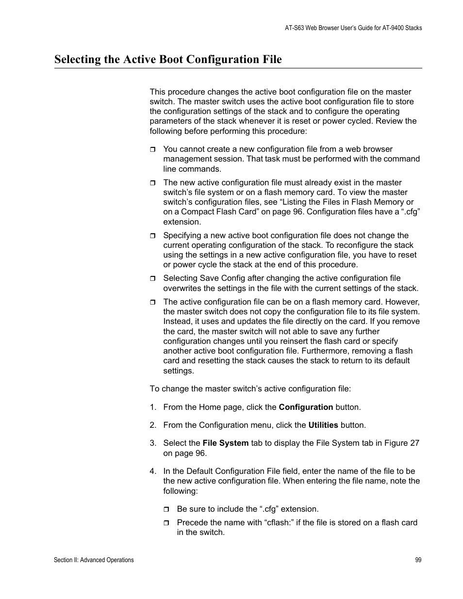Selecting the active boot configuration file | Allied Telesis AT-S63 User Manual | Page 99 / 246