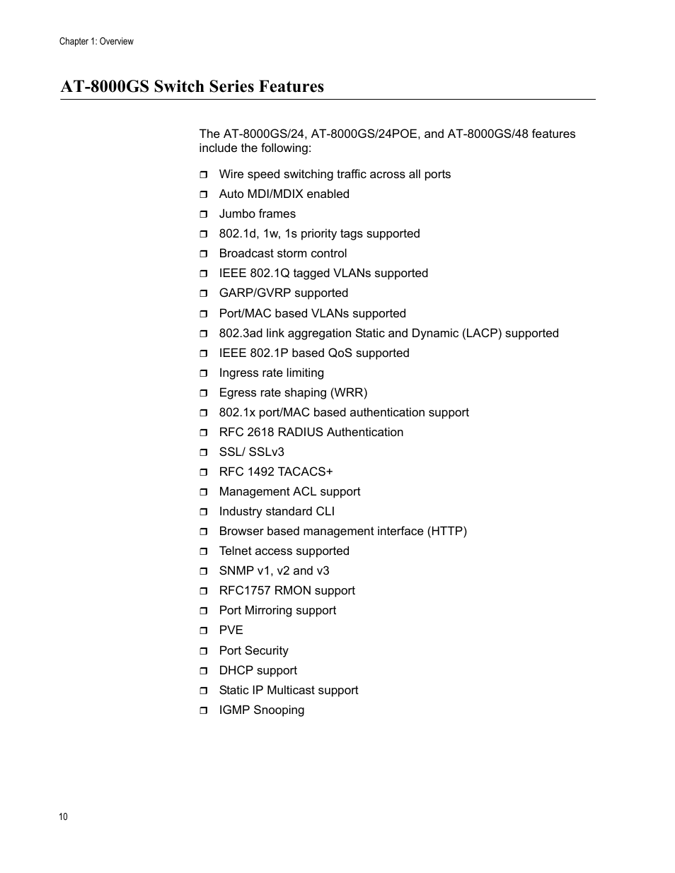 At-8000gs switch series features | Allied Telesis AT-8000GS/48 User Manual | Page 10 / 52