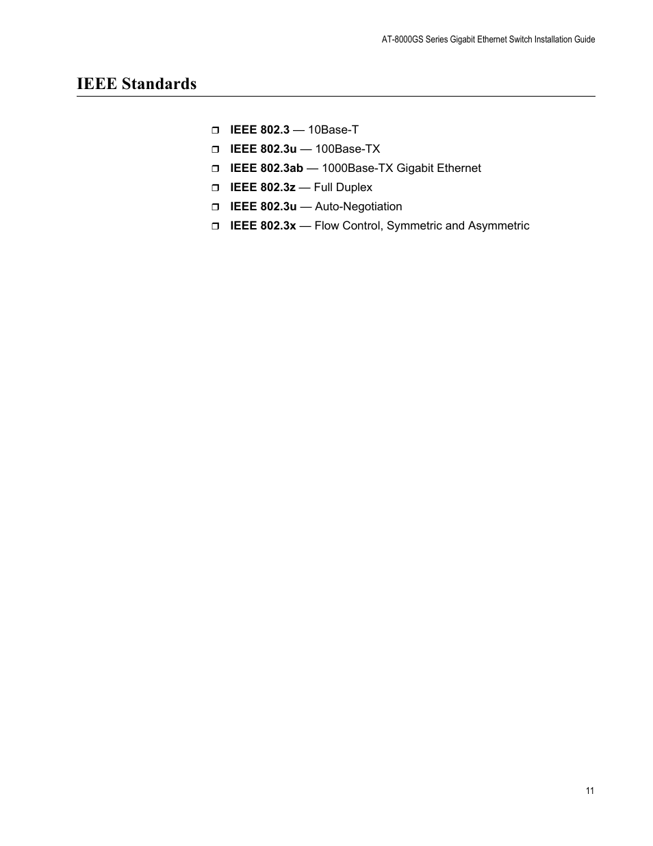 Ieee standards | Allied Telesis AT-8000GS/48 User Manual | Page 11 / 52