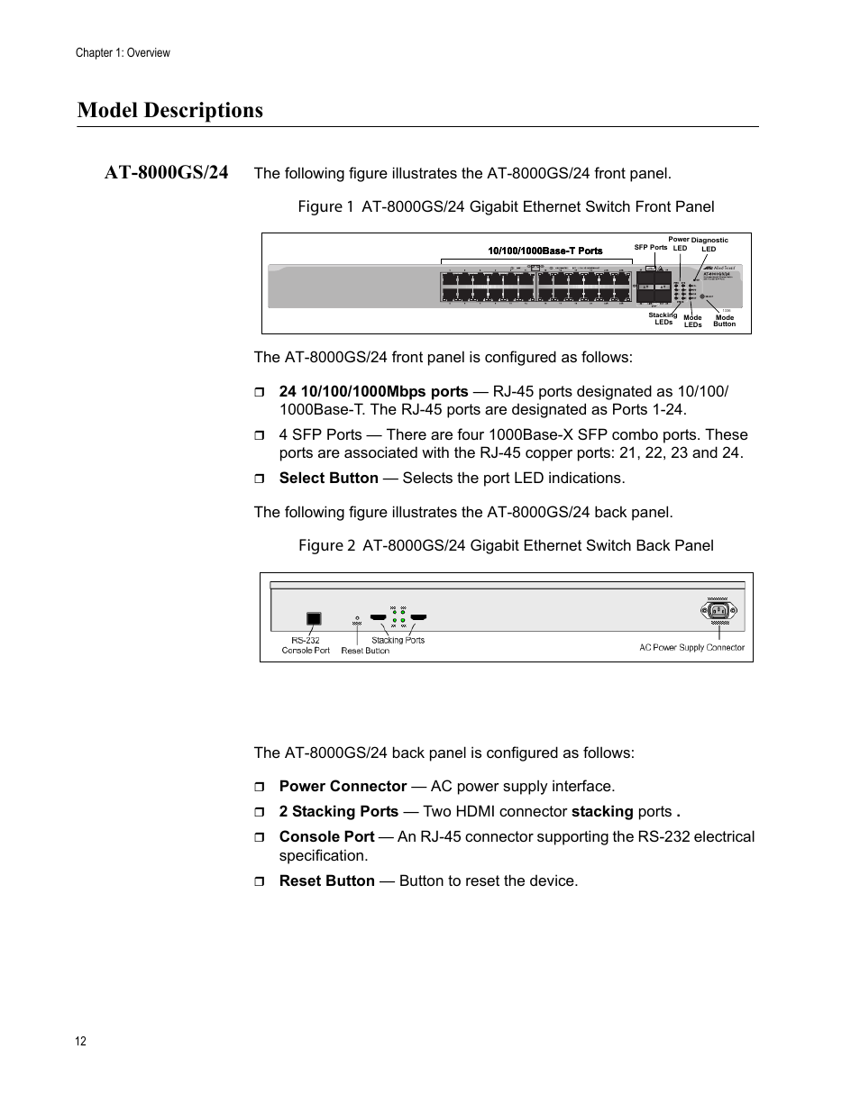 Model descriptions, At-8000gs/24, Figure 1 | Figure 2, Power connector — ac power supply interface, Reset button — button to reset the device | Allied Telesis AT-8000GS/48 User Manual | Page 12 / 52