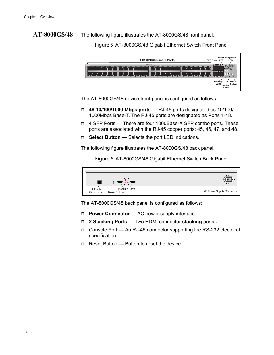 At-8000gs/48, Figure 5, Figure 6 | Power connector — ac power supply interface, Reset button — button to reset the device | Allied Telesis AT-8000GS/48 User Manual | Page 14 / 52