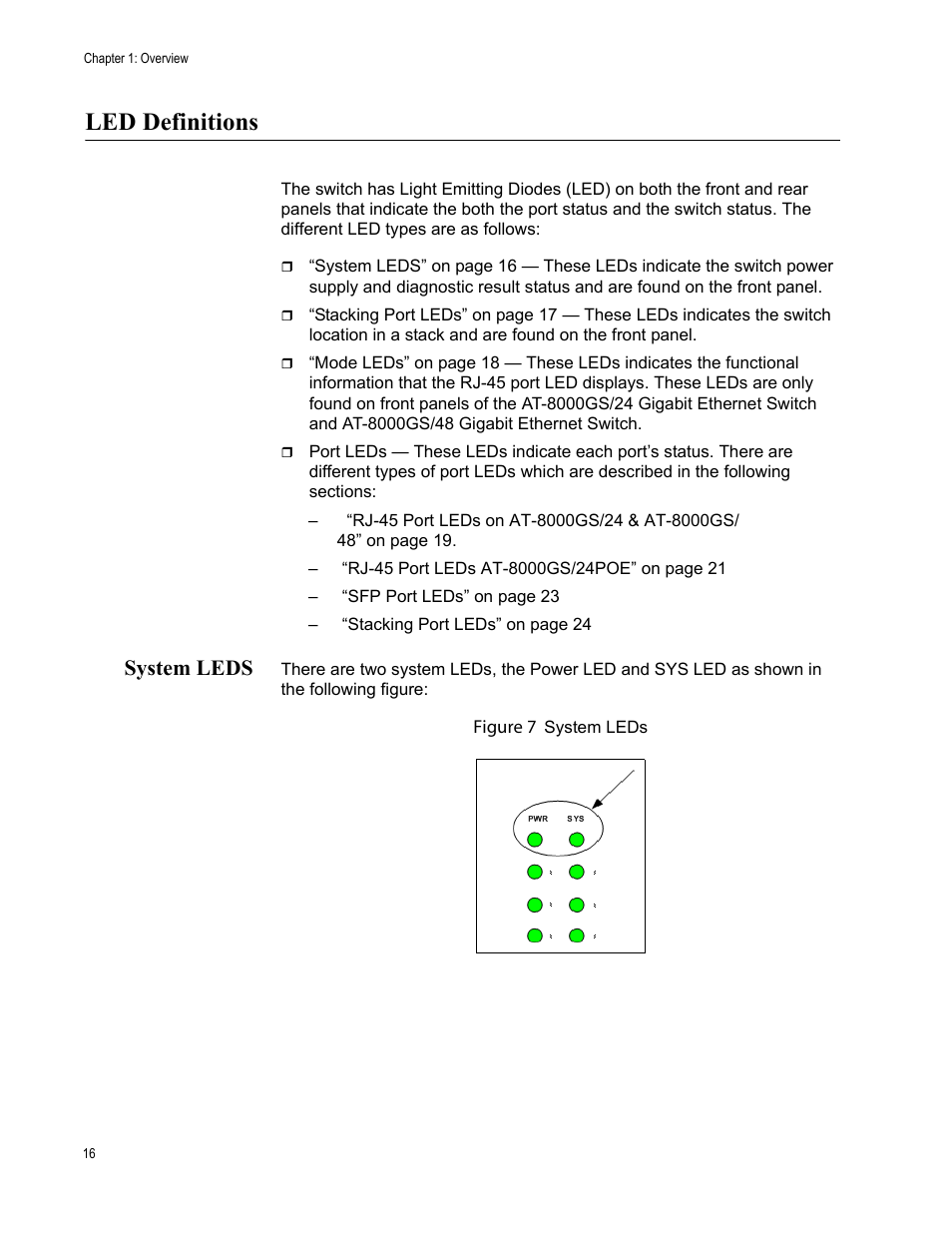 Led definitions, System leds | Allied Telesis AT-8000GS/48 User Manual | Page 16 / 52