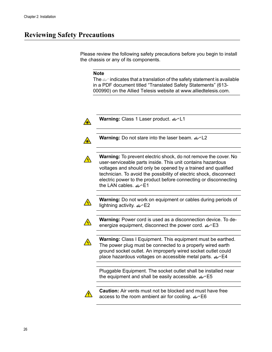 Reviewing safety precautions | Allied Telesis AT-8000GS/48 User Manual | Page 26 / 52