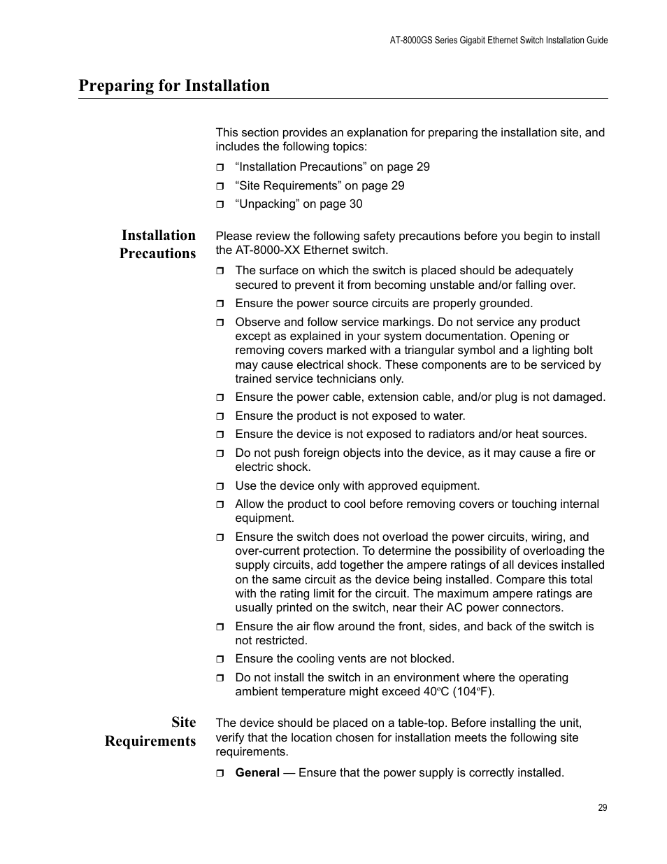 Preparing for installation, Installation precautions, Site requirements | Installation precautions site requirements | Allied Telesis AT-8000GS/48 User Manual | Page 29 / 52