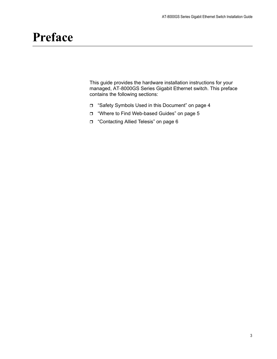 Preface | Allied Telesis AT-8000GS/48 User Manual | Page 3 / 52