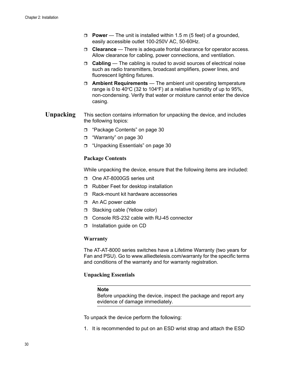 Unpacking, Package contents, Warranty | Unpacking essentials | Allied Telesis AT-8000GS/48 User Manual | Page 30 / 52