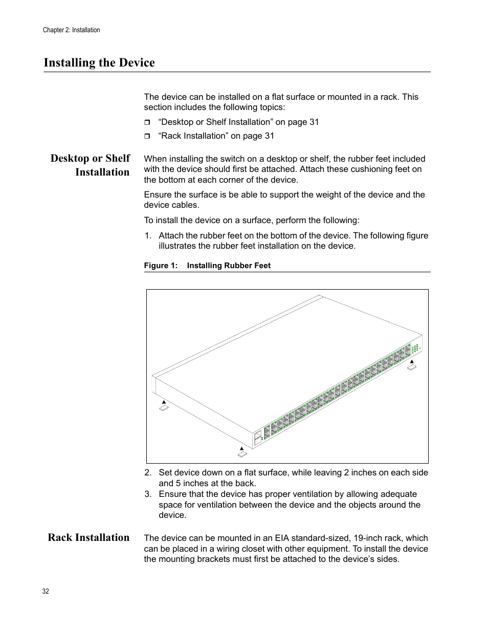 Installing the device, Desktop or shelf installation, Rack installation | Desktop or shelf installation rack installation | Allied Telesis AT-8000GS/48 User Manual | Page 32 / 52