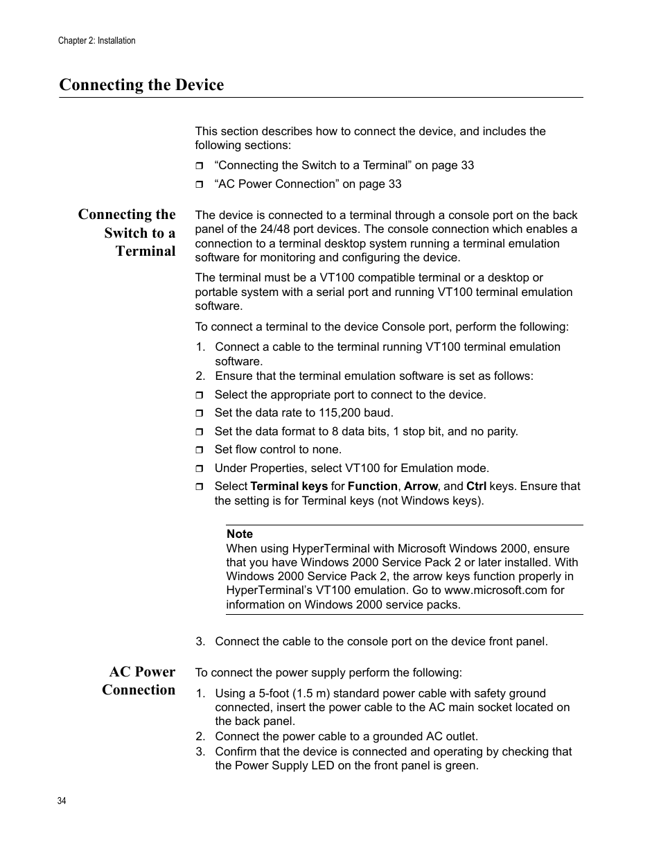 Connecting the device, Connecting the switch to a terminal, Ac power connection | Allied Telesis AT-8000GS/48 User Manual | Page 34 / 52