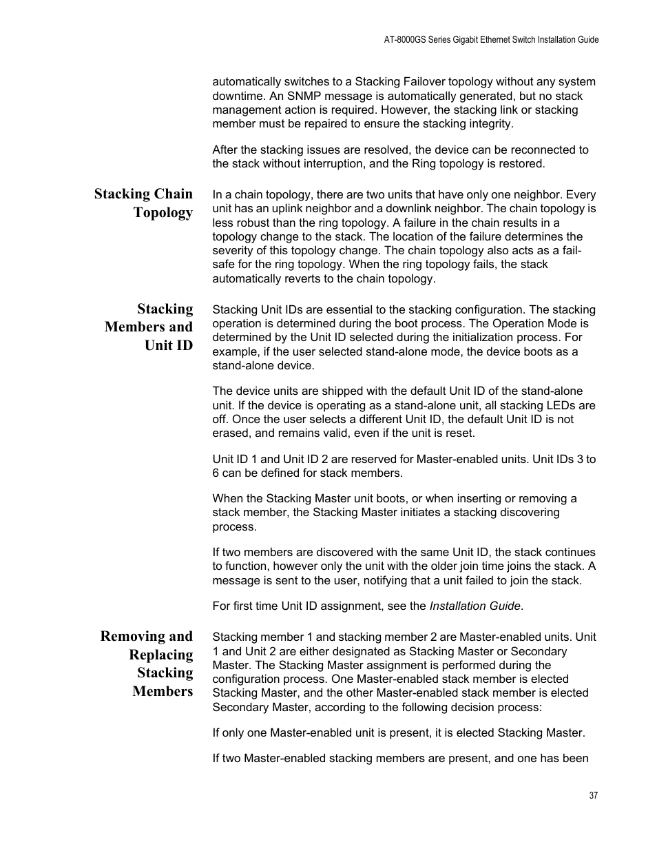 Stacking chain topology, Stacking members and unit id, Removing and replacing stacking members | Stacking chain topology,” next, Stacking members and unit id,” next, Removing and replacing stacking members,” next | Allied Telesis AT-8000GS/48 User Manual | Page 37 / 52