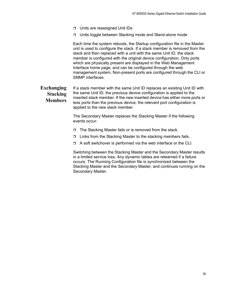 Exchanging stacking members, Exchanging stacking members,” next | Allied Telesis AT-8000GS/48 User Manual | Page 39 / 52