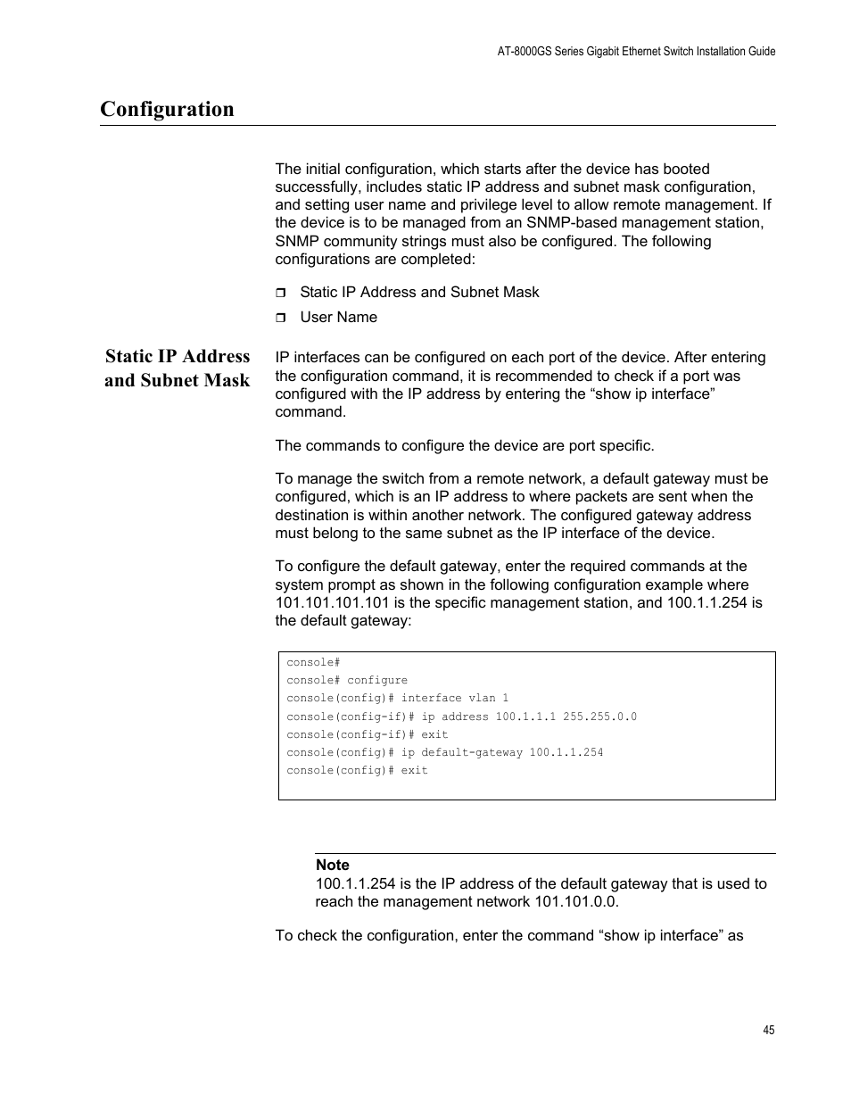 Configuration, Static ip address and subnet mask | Allied Telesis AT-8000GS/48 User Manual | Page 45 / 52