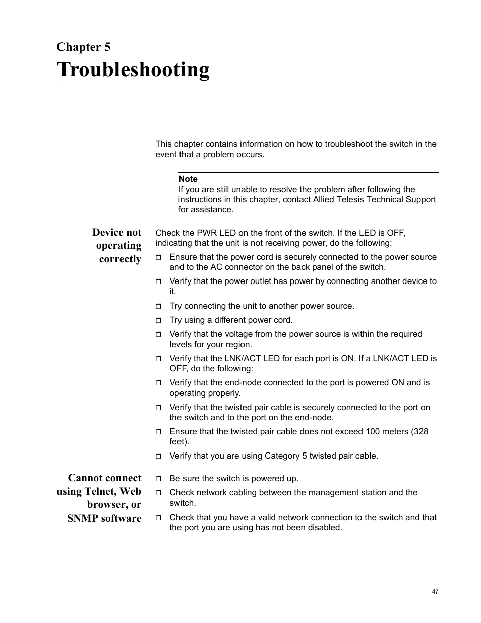 Chapter 5, Troubleshooting, Device not operating correctly | R 5: troubleshooting | Allied Telesis AT-8000GS/48 User Manual | Page 47 / 52