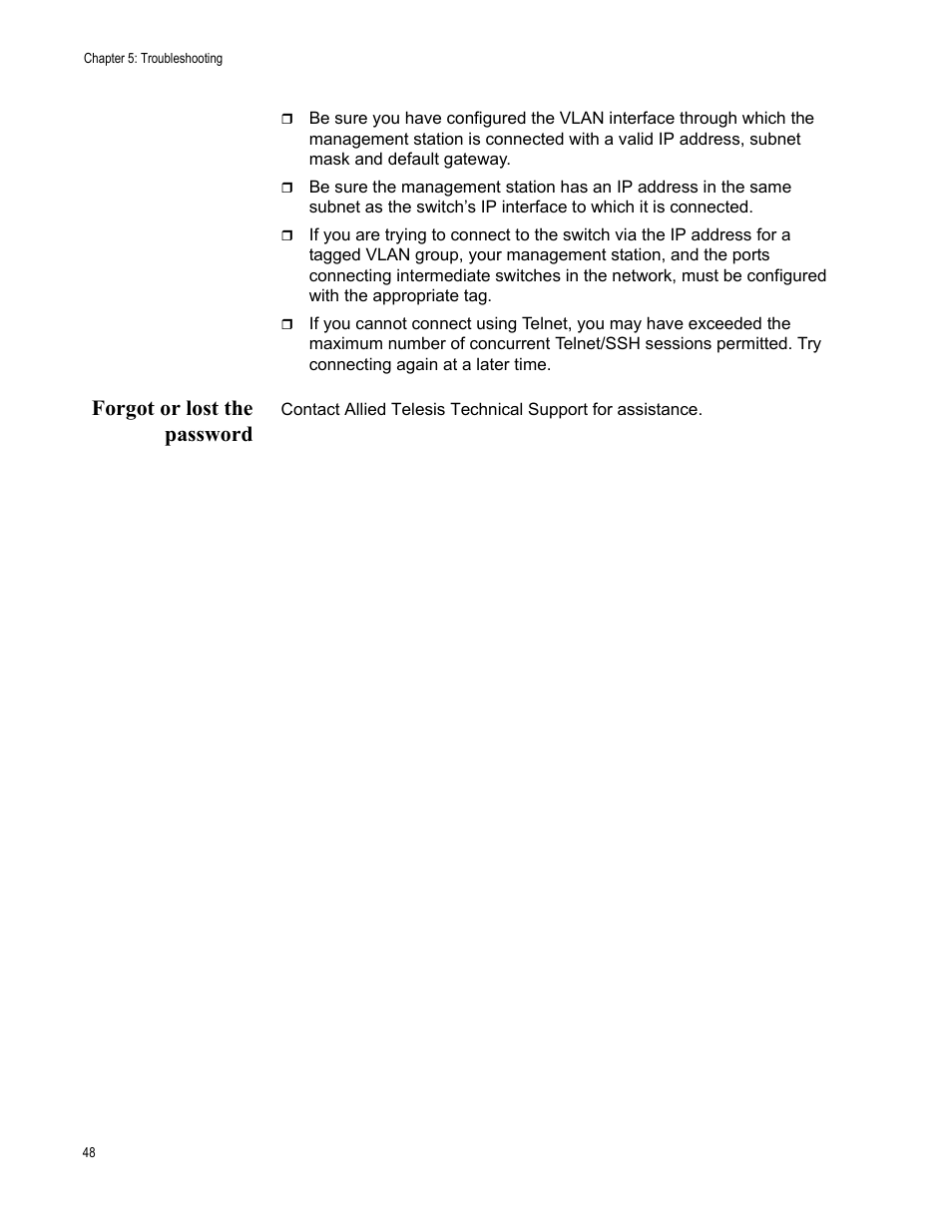 Forgot or lost the password | Allied Telesis AT-8000GS/48 User Manual | Page 48 / 52