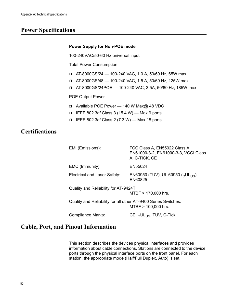 Power specifications, Certifications, Cable, port, and pinout information | Allied Telesis AT-8000GS/48 User Manual | Page 50 / 52