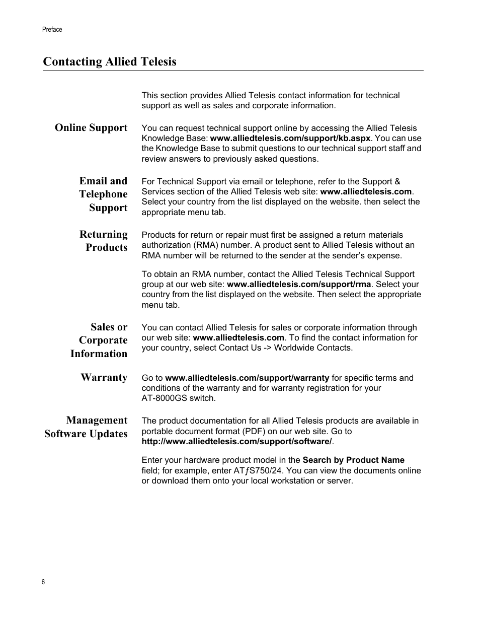 Contacting allied telesis, Online support, Email and telephone support | Returning products, Sales or corporate information, Warranty, Management software updates | Allied Telesis AT-8000GS/48 User Manual | Page 6 / 52