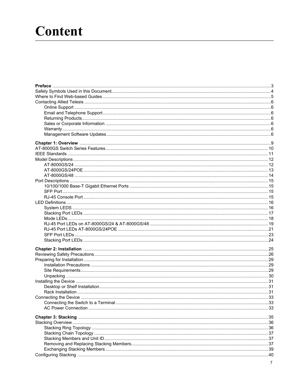 Content, Chapter 1, Chapter 2 | Chapter 3 | Allied Telesis AT-8000GS/48 User Manual | Page 7 / 52