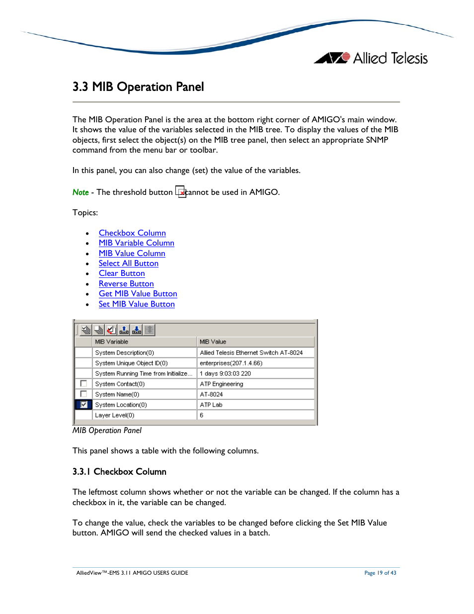 3 mib operation panel, 1 checkbox column | Allied Telesis AlliedView-EMS 3.11 AMIGO User Manual | Page 19 / 43