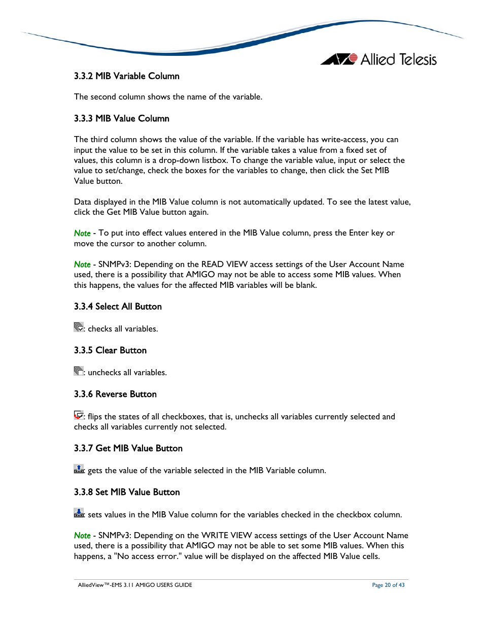 2 mib variable column, 3 mib value column, 4 select all button | 5 clear button, 6 reverse button, 7 get mib value button, 8 set mib value button | Allied Telesis AlliedView-EMS 3.11 AMIGO User Manual | Page 20 / 43