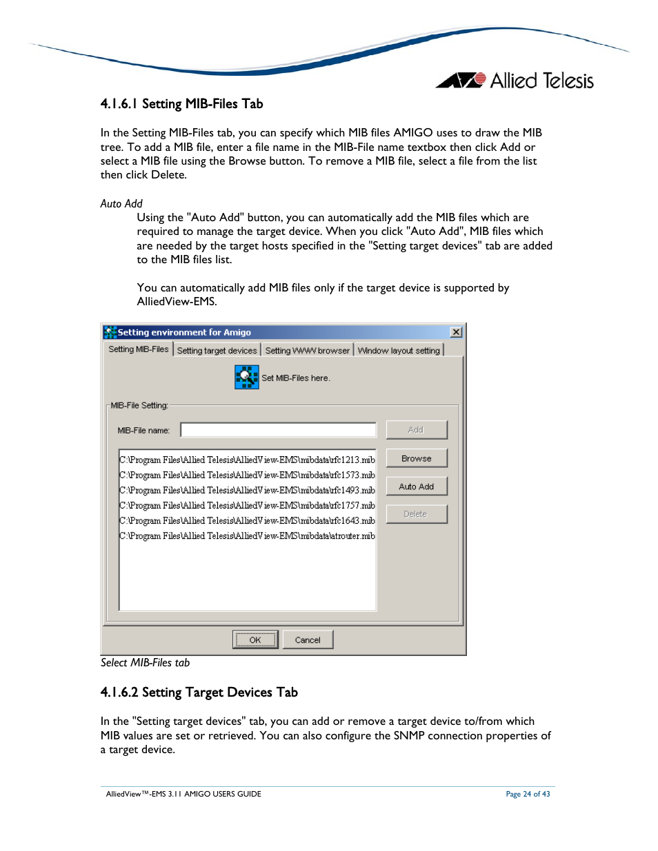 1 setting mib-files tab, 2 setting target devices tab | Allied Telesis AlliedView-EMS 3.11 AMIGO User Manual | Page 24 / 43