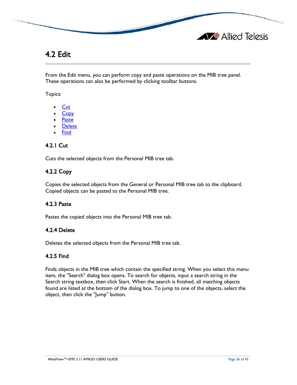 2 edit, 1 cut, 2 copy | 3 paste, 4 delete, 5 find | Allied Telesis AlliedView-EMS 3.11 AMIGO User Manual | Page 36 / 43