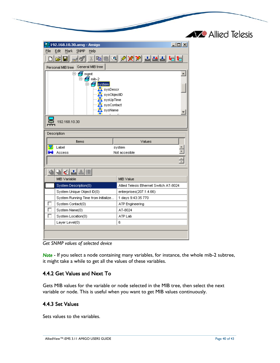 2 get values and next to, 3 set values | Allied Telesis AlliedView-EMS 3.11 AMIGO User Manual | Page 40 / 43