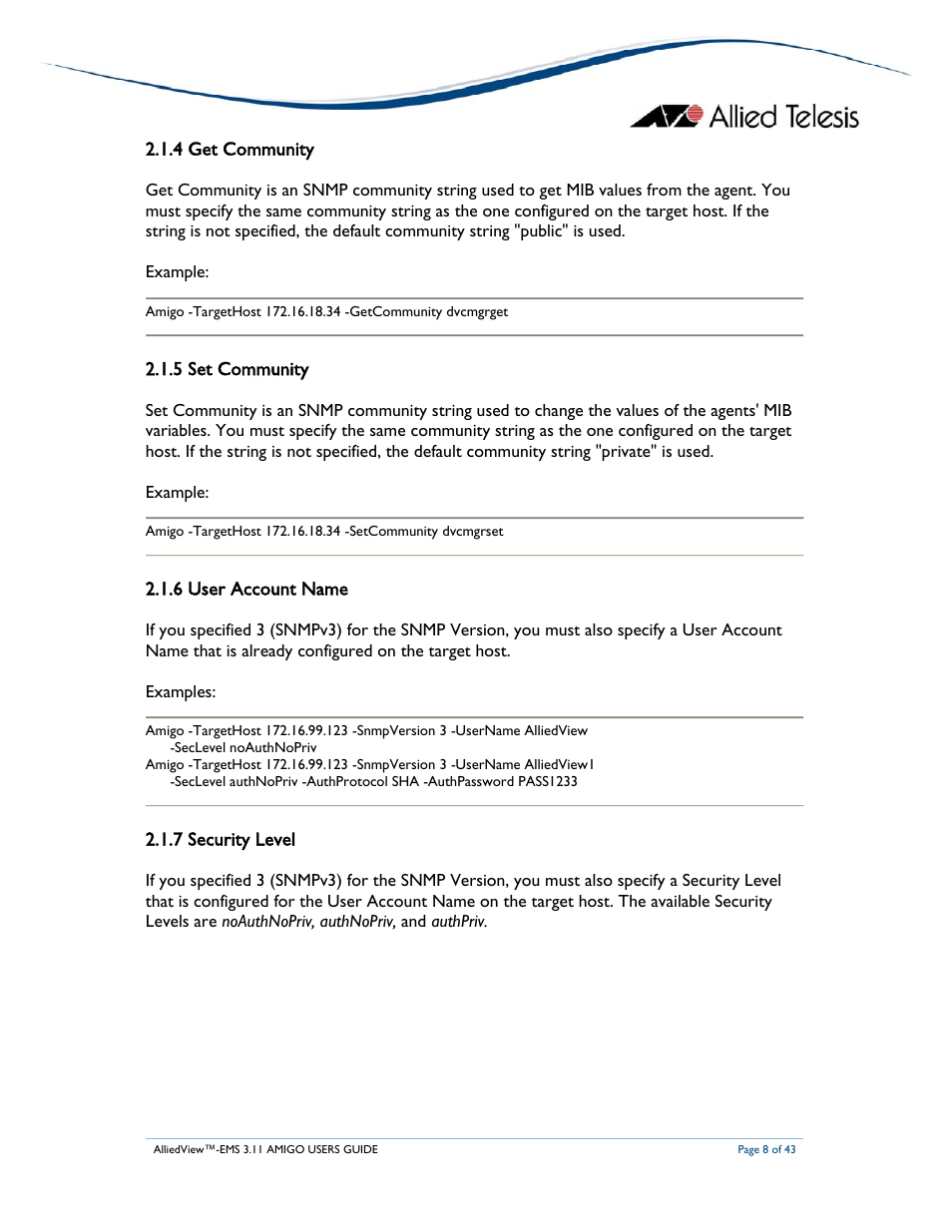 4 get community, 5 set community, 6 user account name | 7 security level | Allied Telesis AlliedView-EMS 3.11 AMIGO User Manual | Page 8 / 43
