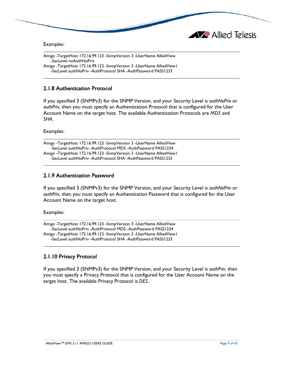 8 authentication protocol, 9 authentication password, 10 privacy protocol | Allied Telesis AlliedView-EMS 3.11 AMIGO User Manual | Page 9 / 43