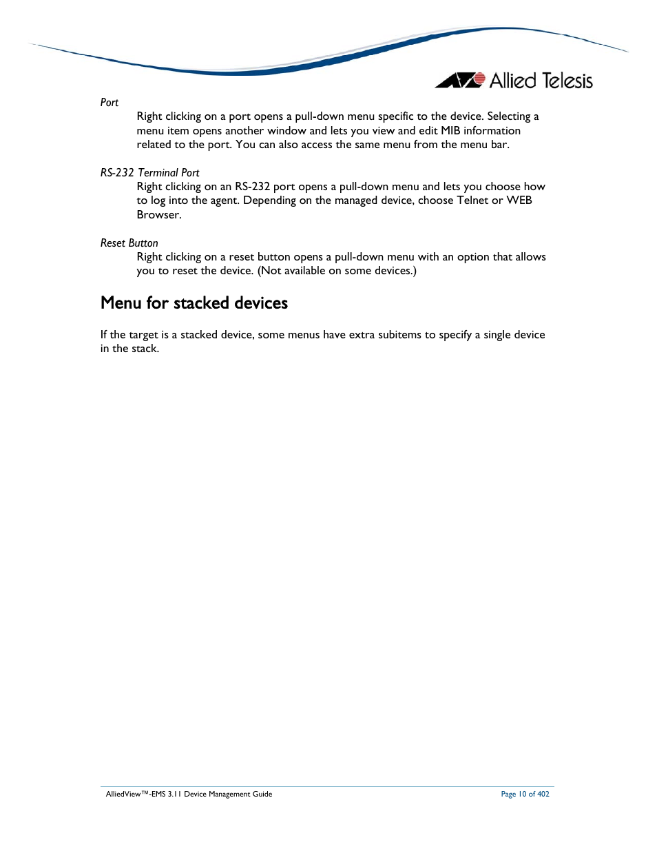 Menu for stacked devices | Allied Telesis AlliedView-EMS 3.11 DEVICE MANAGEMENT User Manual | Page 10 / 402