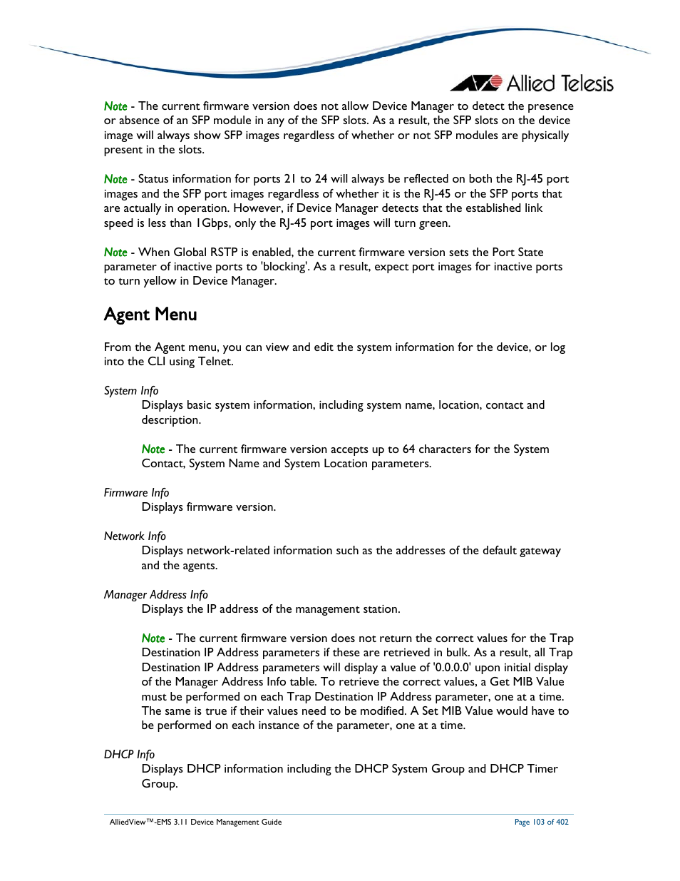 Agent menu | Allied Telesis AlliedView-EMS 3.11 DEVICE MANAGEMENT User Manual | Page 103 / 402