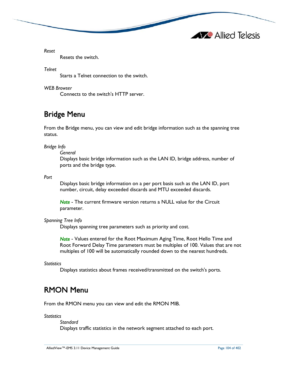Bridge menu, Rmon menu | Allied Telesis AlliedView-EMS 3.11 DEVICE MANAGEMENT User Manual | Page 104 / 402
