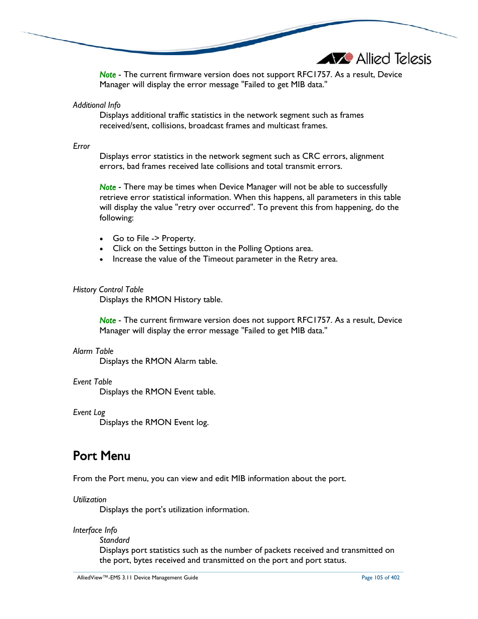 Port menu | Allied Telesis AlliedView-EMS 3.11 DEVICE MANAGEMENT User Manual | Page 105 / 402