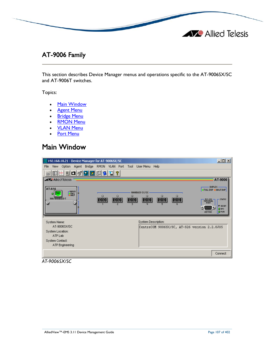 Main window, At-9006 family | Allied Telesis AlliedView-EMS 3.11 DEVICE MANAGEMENT User Manual | Page 107 / 402