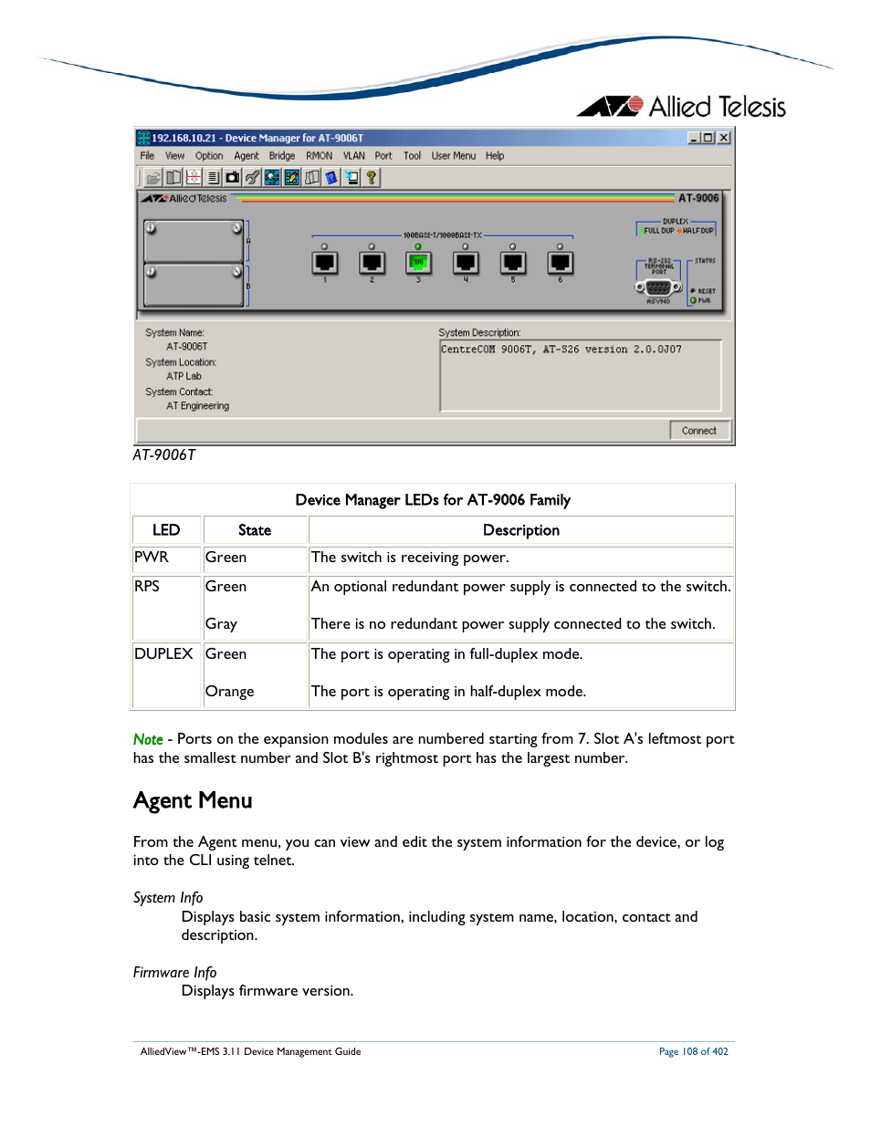 Agent menu | Allied Telesis AlliedView-EMS 3.11 DEVICE MANAGEMENT User Manual | Page 108 / 402
