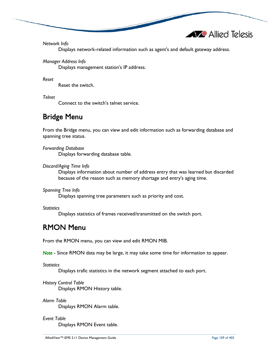 Bridge menu, Rmon menu | Allied Telesis AlliedView-EMS 3.11 DEVICE MANAGEMENT User Manual | Page 109 / 402