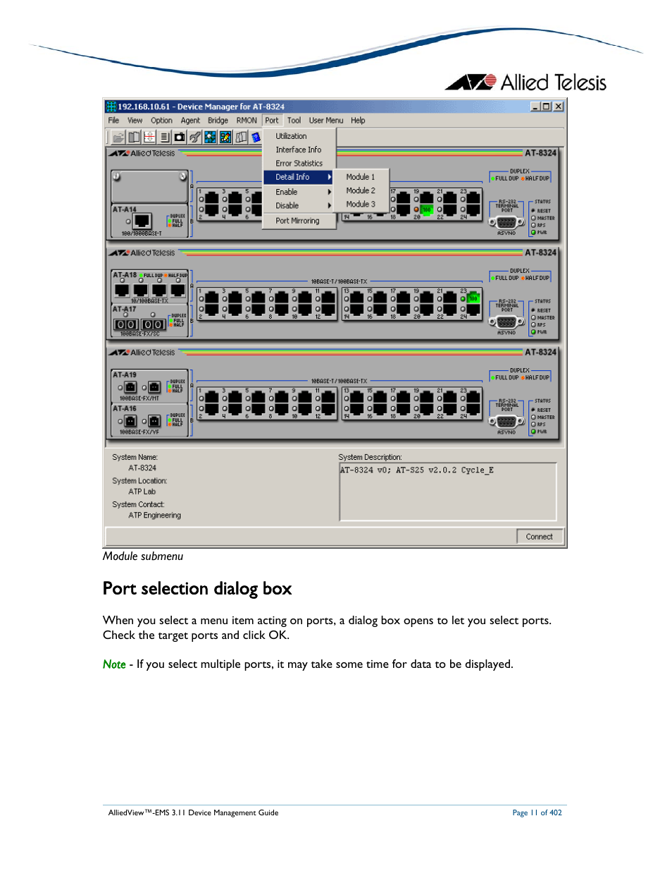 Port selection dialog box | Allied Telesis AlliedView-EMS 3.11 DEVICE MANAGEMENT User Manual | Page 11 / 402