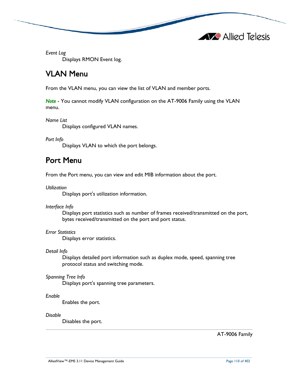 Vlan menu, Port menu | Allied Telesis AlliedView-EMS 3.11 DEVICE MANAGEMENT User Manual | Page 110 / 402