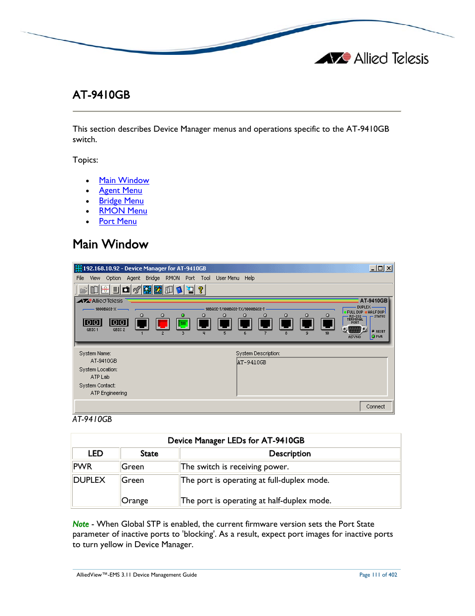 Main window, At-9410gb | Allied Telesis AlliedView-EMS 3.11 DEVICE MANAGEMENT User Manual | Page 111 / 402