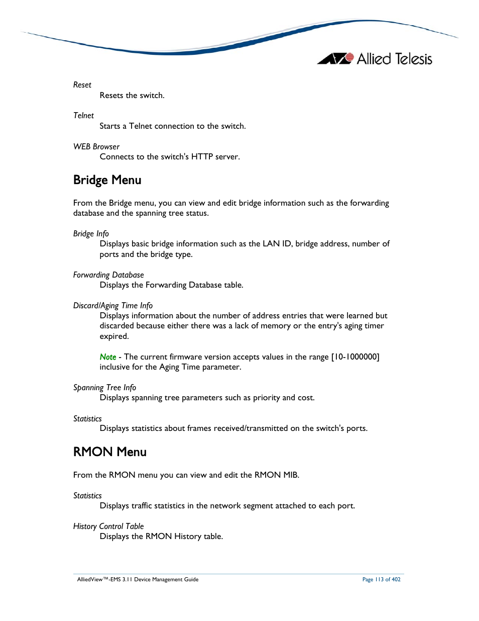 Bridge menu, Rmon menu | Allied Telesis AlliedView-EMS 3.11 DEVICE MANAGEMENT User Manual | Page 113 / 402