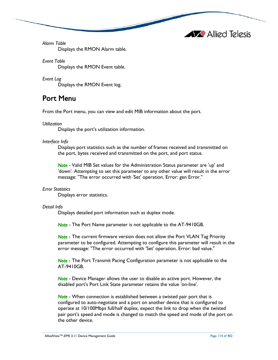 Port menu | Allied Telesis AlliedView-EMS 3.11 DEVICE MANAGEMENT User Manual | Page 114 / 402